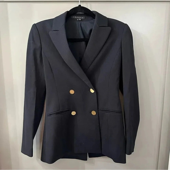 Theory Blazer Rizy Wool Double Breasted, Charcoal Grey With Gold Buttons Size 00 - Picture 1 of 9